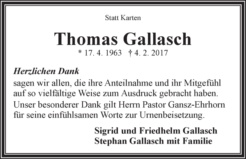 Traueranzeige von Thomas Gallasch von WESER-KURIER