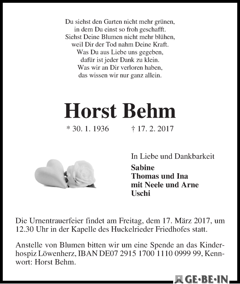 Traueranzeige von Horst Behm von WESER-KURIER