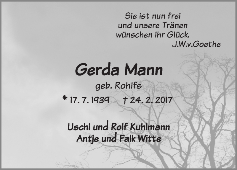 Traueranzeige von Gerda Mann von Die Norddeutsche