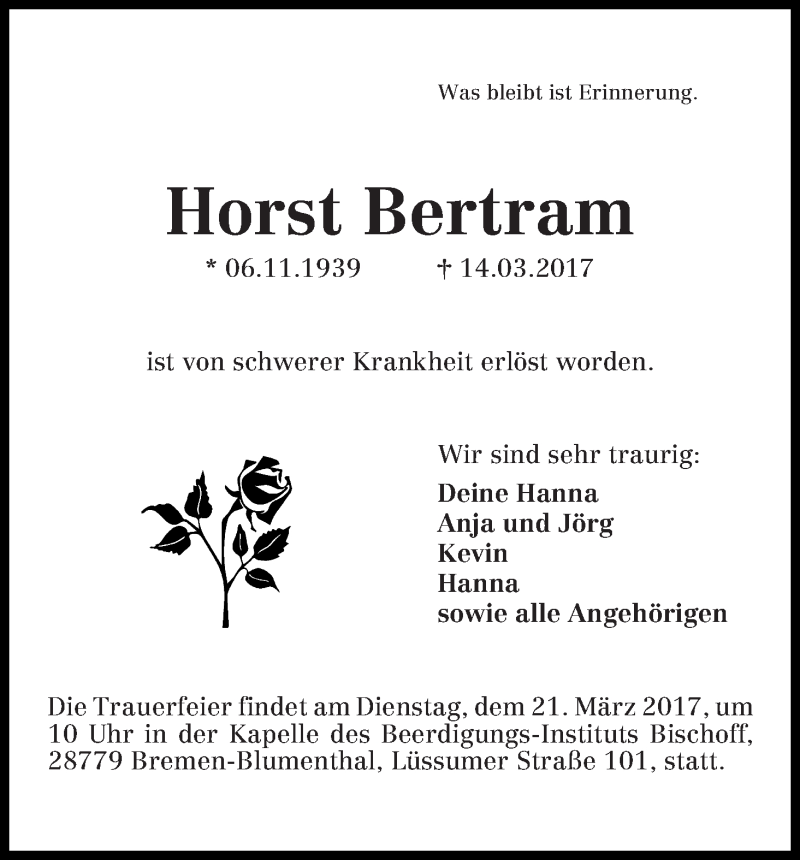 Traueranzeige von Horst Bertram von Osterholzer Kreisblatt