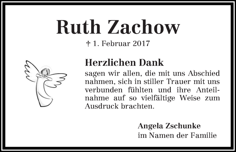 Traueranzeige von Ruth Zachow von Die Norddeutsche