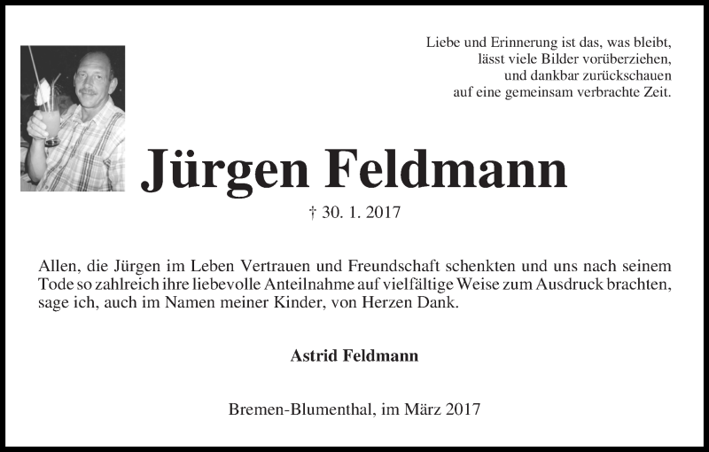 Traueranzeige von Jürgen Feldmann von Die Norddeutsche