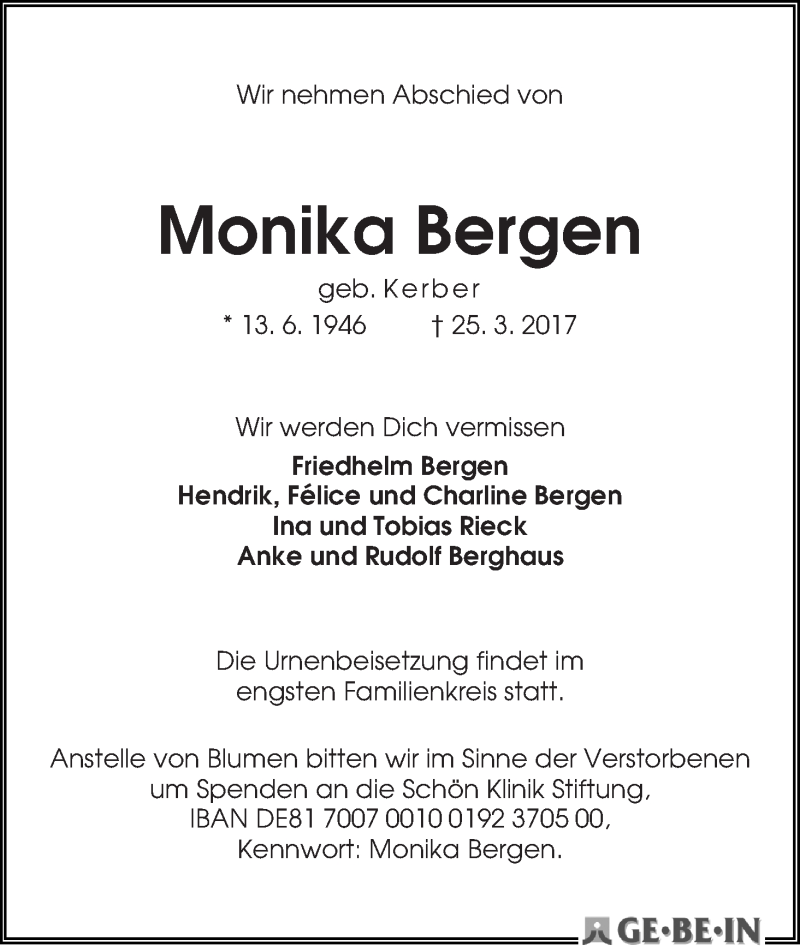 Traueranzeige von Monika Bergen von WESER-KURIER