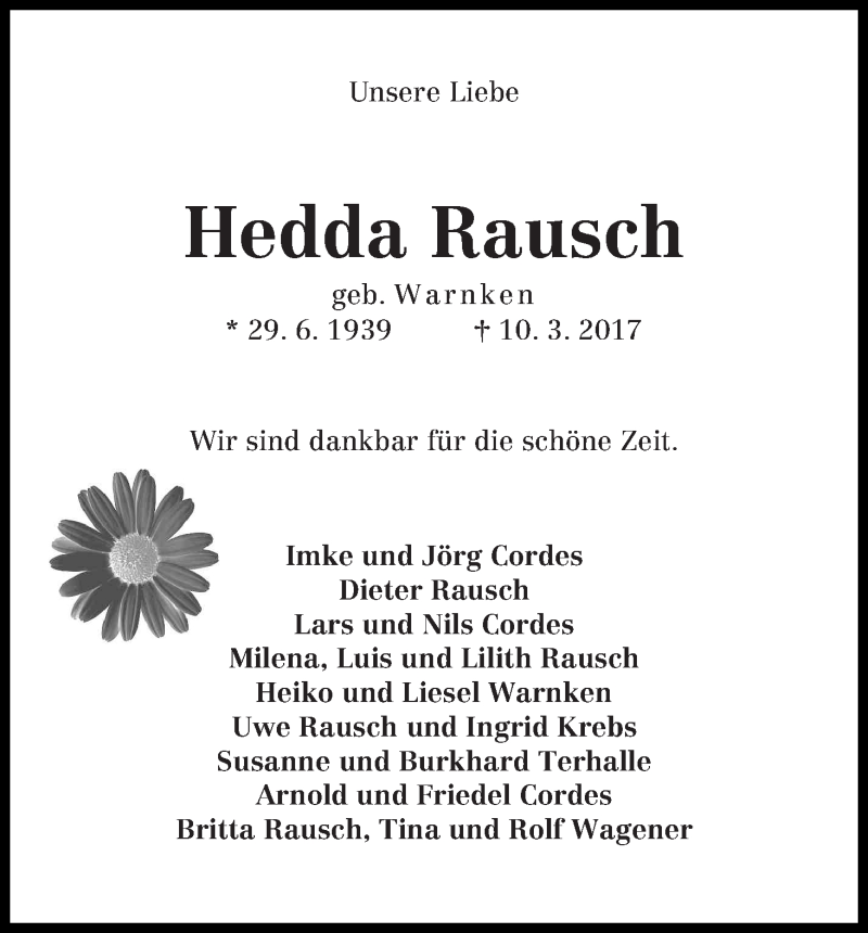 Traueranzeige von Hedda Rausch von WESER-KURIER