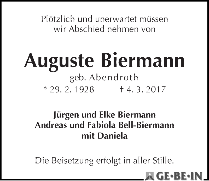 Traueranzeige von Auguste Biermann von WESER-KURIER