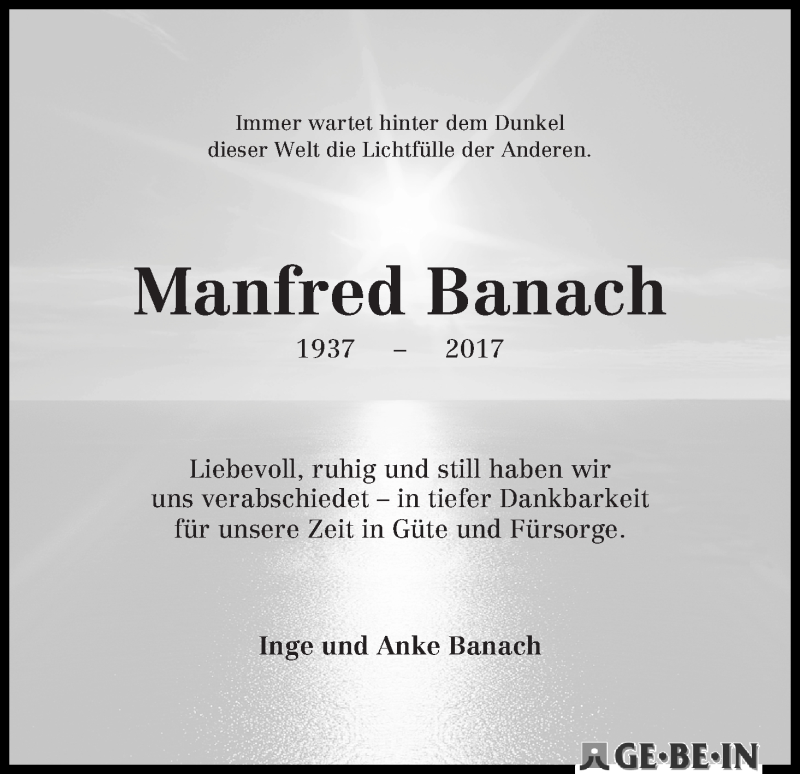 Traueranzeige von Manfred Banach von Die Norddeutsche