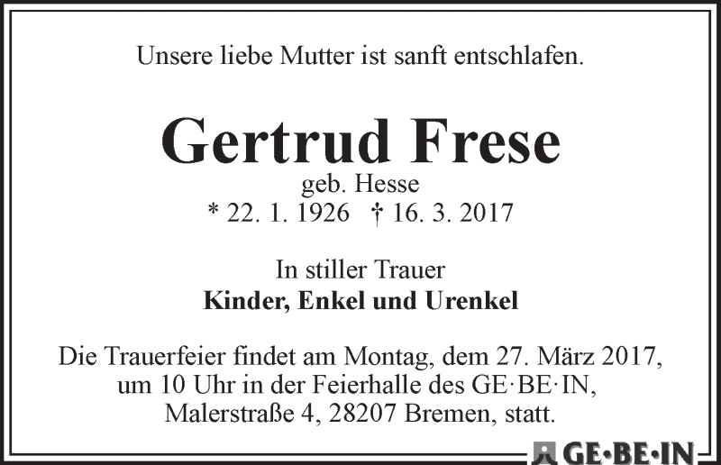 Traueranzeige von Gertrud Frese von WESER-KURIER