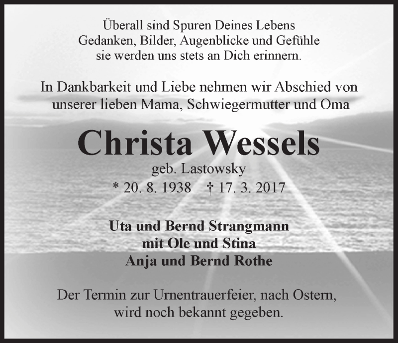 Traueranzeige von Christa Wessels von WESER-KURIER