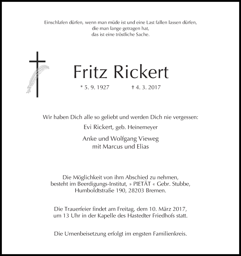 Traueranzeige von Fritz Rickert von WESER-KURIER
