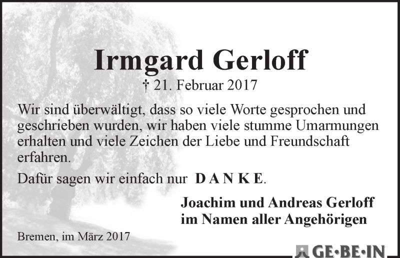 Traueranzeige von Irmgard Gerloff von WESER-KURIER