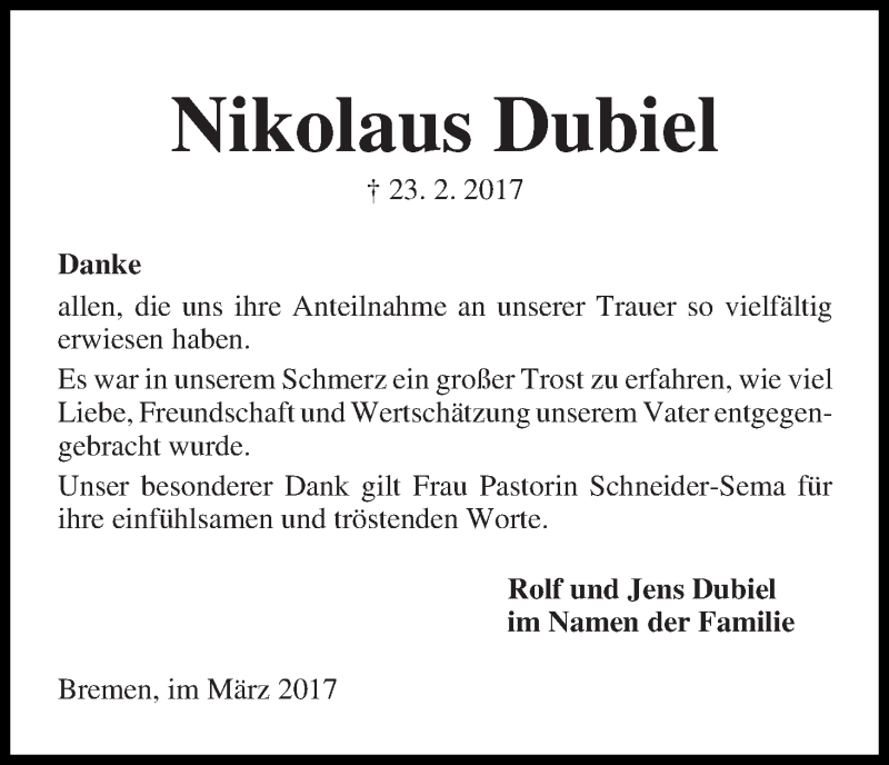 Traueranzeige von Nikolaus Dubiel von WESER-KURIER
