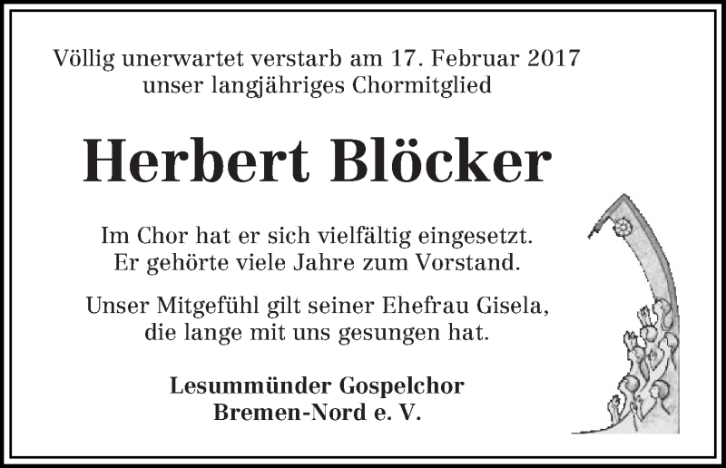 Traueranzeige von Herbert Blöcker von Die Norddeutsche