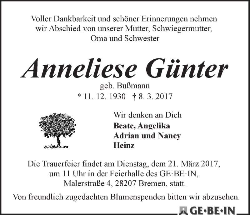 Traueranzeige von Anneliese Günter von WESER-KURIER