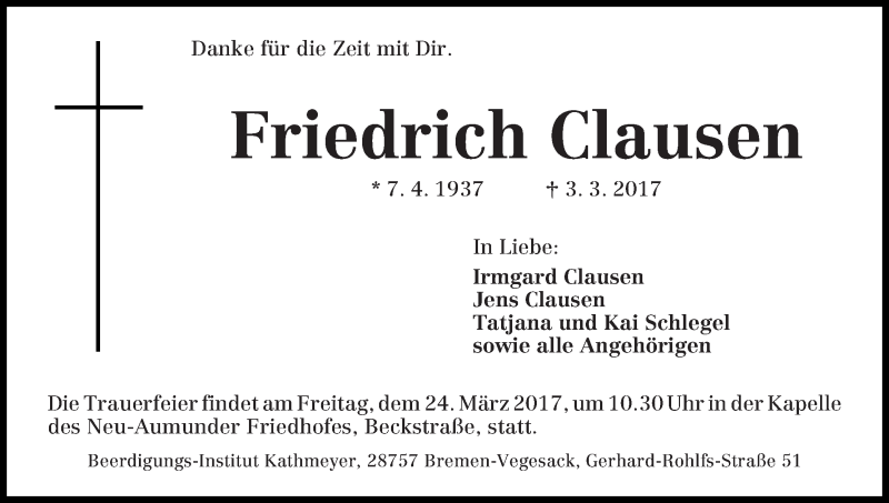 Traueranzeige von Friedrich Clausen von Die Norddeutsche