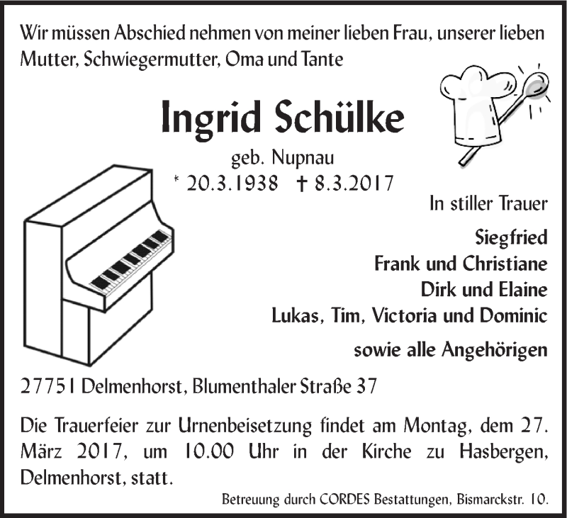 Traueranzeige von Ingrid Schülke von WESER-KURIER