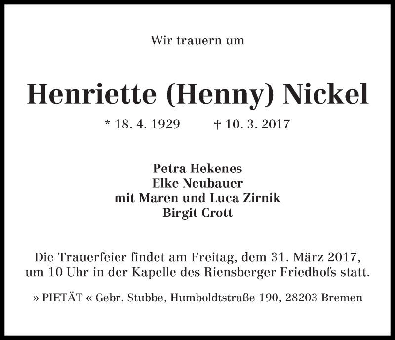 Traueranzeige von Henriette  Nickel von WESER-KURIER