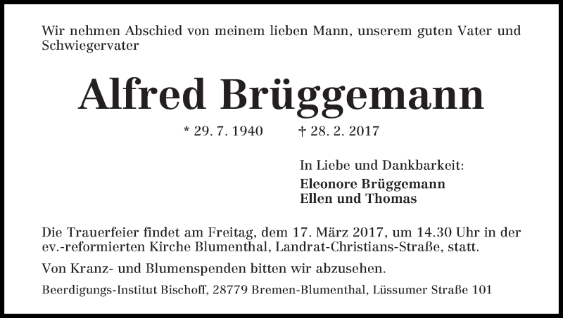 Traueranzeige von Alfred Büggemann von Die Norddeutsche