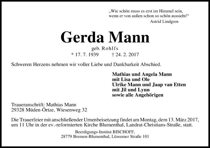 Traueranzeige von Gerda Mann von Die Norddeutsche