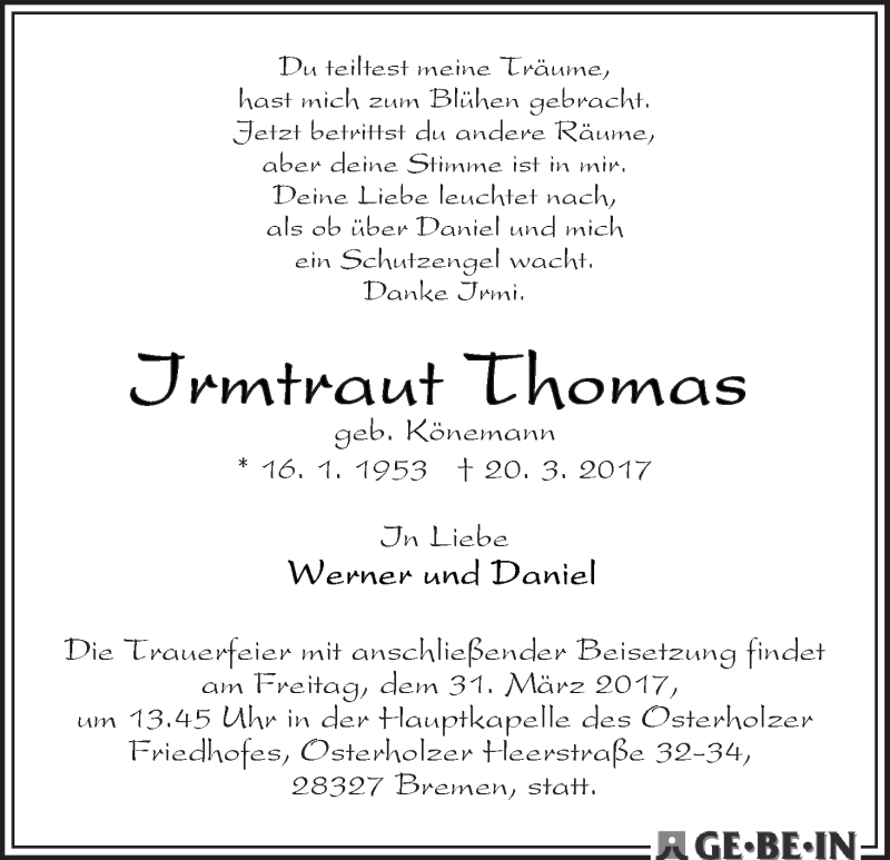 Traueranzeige von Irmtraut Thomas von WESER-KURIER