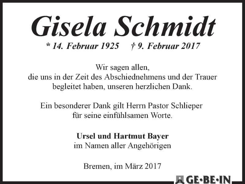 Traueranzeige von Gisela Schmidt von WESER-KURIER