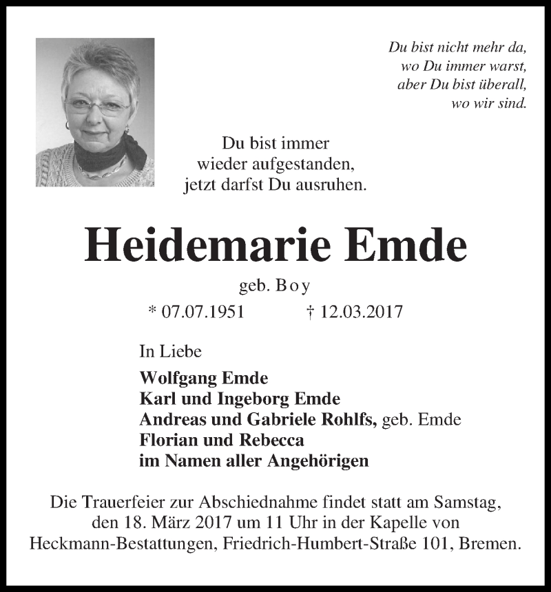 Traueranzeige von Heidemarie Emde von Die Norddeutsche
