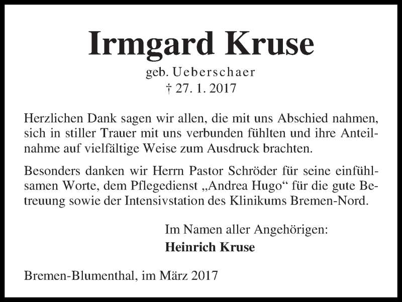 Traueranzeige von Irmgard Kruse von Die Norddeutsche
