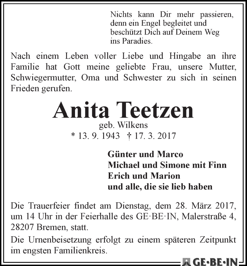 Traueranzeige von Anita Teetzen von WESER-KURIER