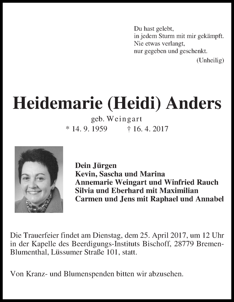 Traueranzeige von Heidemarie (Heidi) Anders von Die Norddeutsche