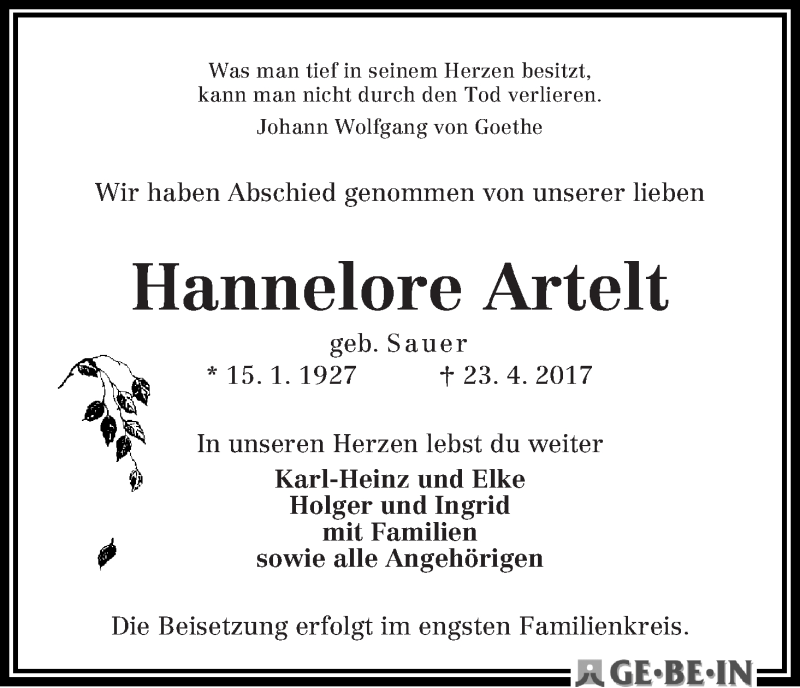 Traueranzeige von Hannelore Artelt von WESER-KURIER