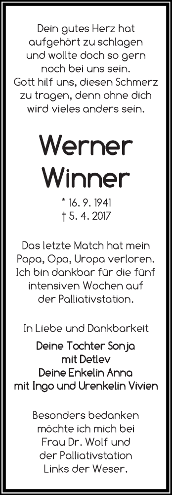 Traueranzeige von Werner Winner von WESER-KURIER