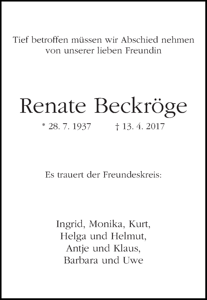 Traueranzeige von Renate Beckröge von WESER-KURIER