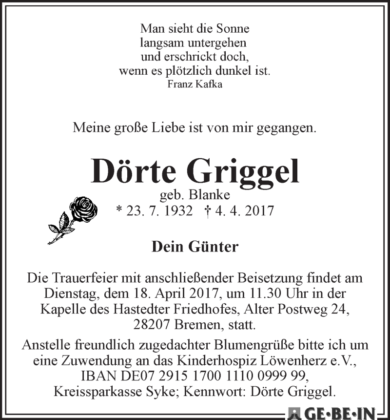 Traueranzeige von Dörte Griggel von WESER-KURIER