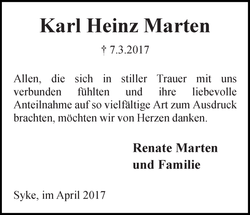 Traueranzeige von Karl Heinz Marten von WESER-KURIER