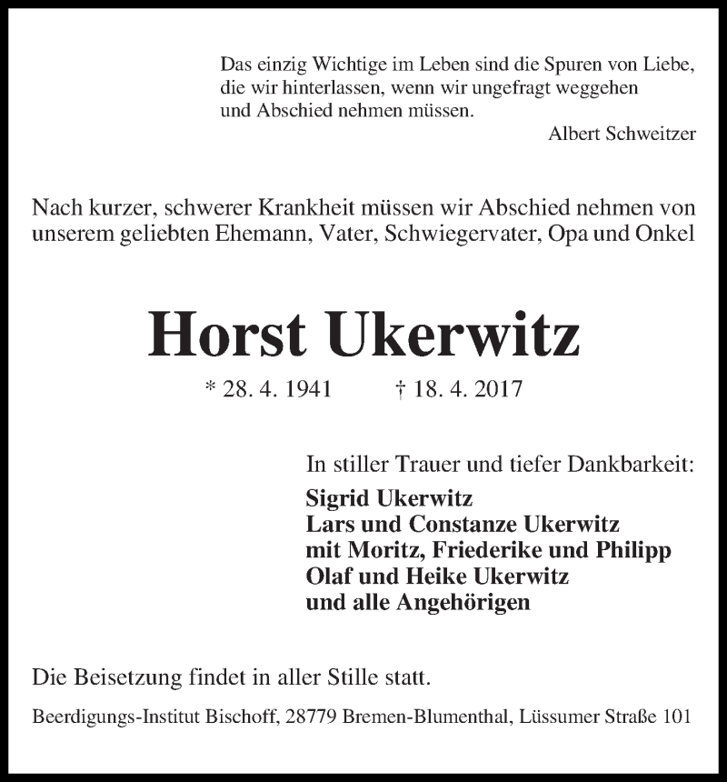 Traueranzeige von Horst Ukerwitz von Die Norddeutsche