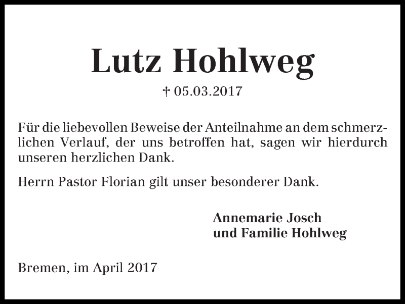 Traueranzeige von Lutz Hohlweg von Die Norddeutsche