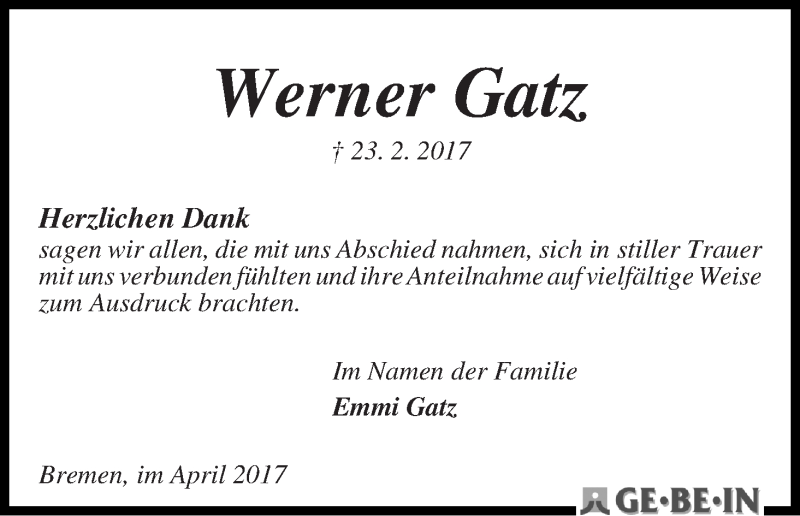 Traueranzeige von Werner Gatz von WESER-KURIER
