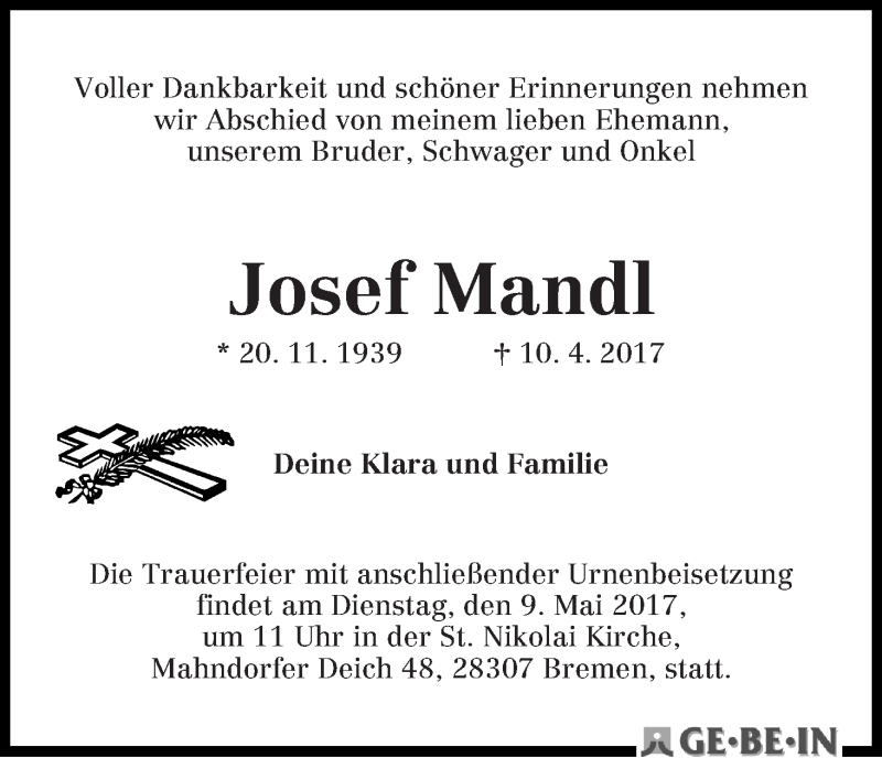 Traueranzeige von Josef Mandl von WESER-KURIER