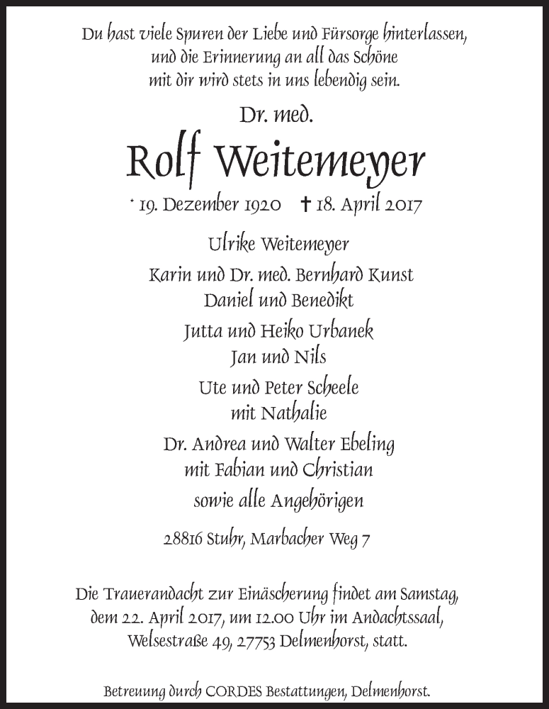 Traueranzeige von Rolf Weitemeyer von WESER-KURIER