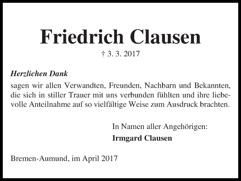 Traueranzeige von Friedrich Clausen von Die Norddeutsche