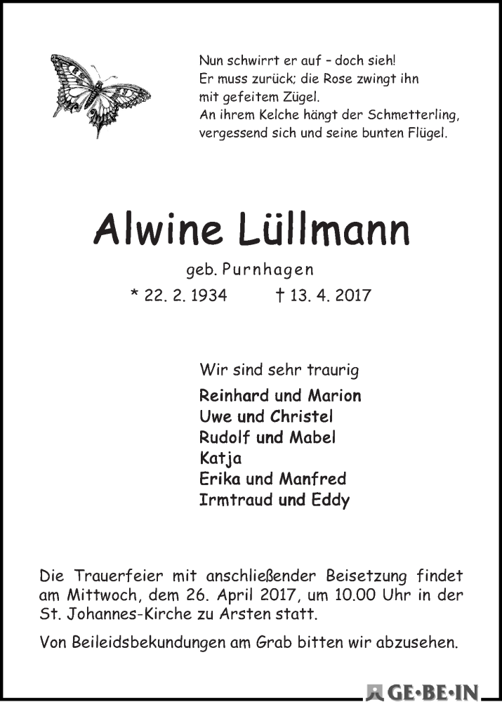 Traueranzeige von Alwine Lüllmann von WESER-KURIER