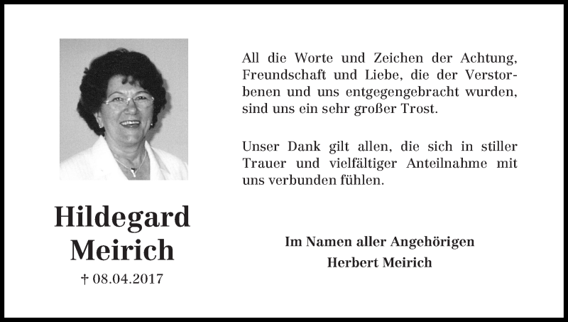 Traueranzeige von Hildegard Meirich von Die Norddeutsche