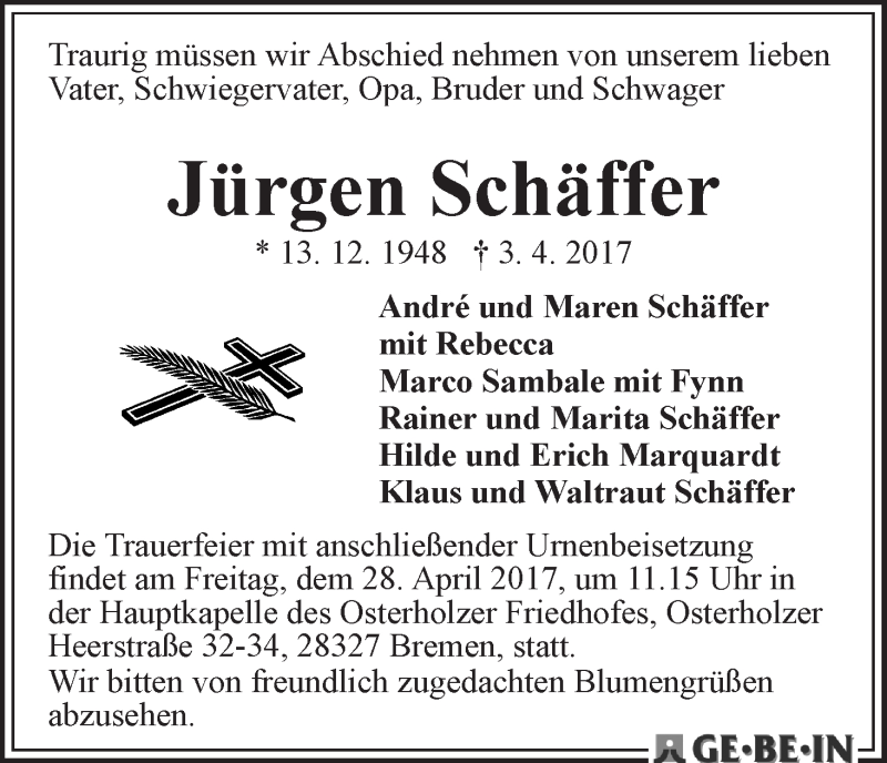 Traueranzeige von Jürgen Schäffer von WESER-KURIER