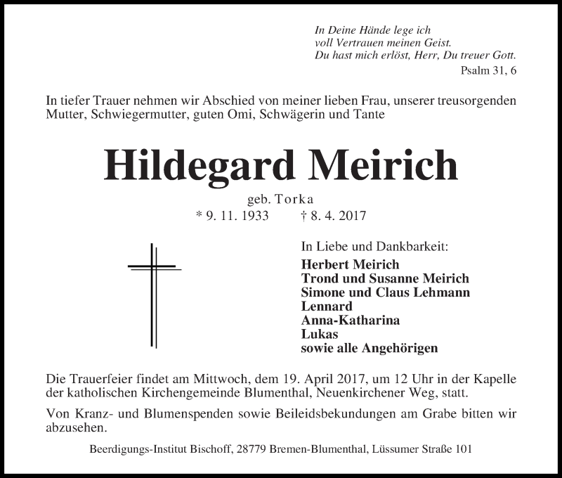 Traueranzeige von Hildegard Meirich von Die Norddeutsche
