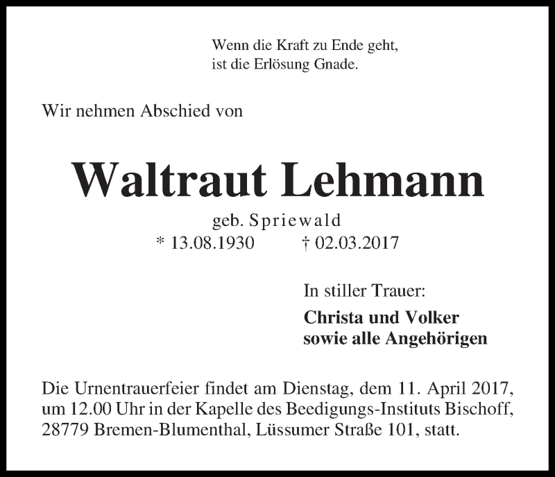 Traueranzeige von Waltraut Lehmann von Die Norddeutsche