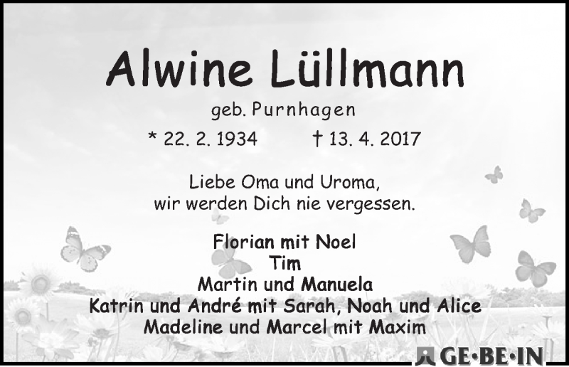 Traueranzeige von Alwine Lüllmann von WESER-KURIER