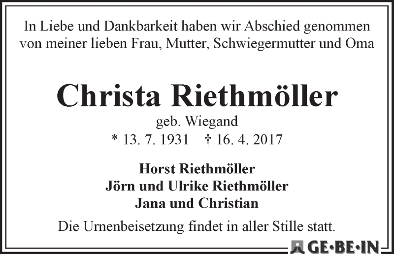 Traueranzeige von Christa Riethmüller von WESER-KURIER