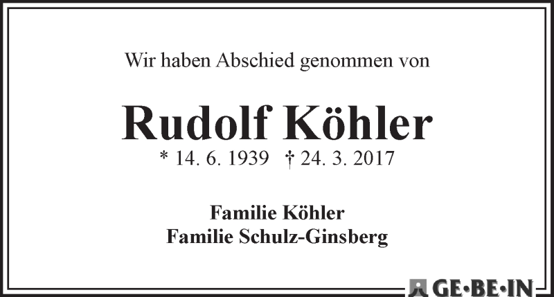 Traueranzeige von Rudolf Köhler von WESER-KURIER