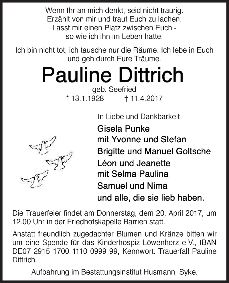 Traueranzeige von Pauline Dittrich von WESER-KURIER