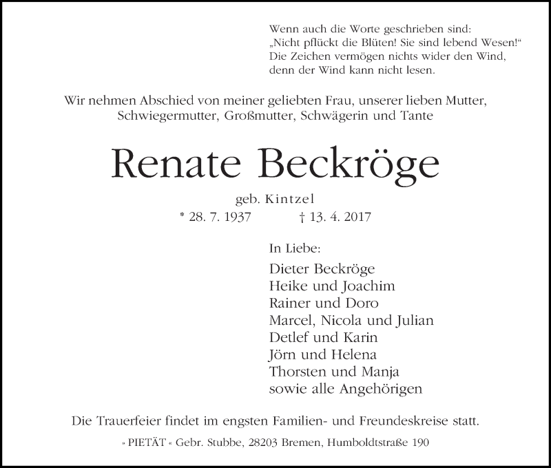 Traueranzeige von Renate Beckröge von WESER-KURIER
