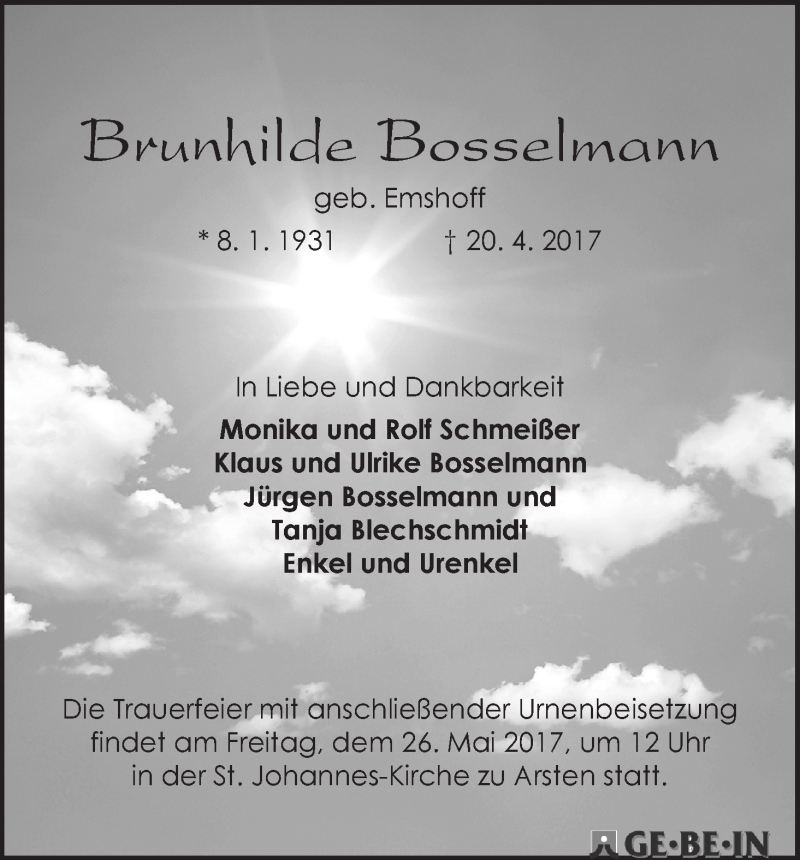 Traueranzeige von Brunhilde Bosselmann von WESER-KURIER